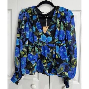 NWT Blu Pepper Blouse Top Women Small Black/Blue Floral Long Sleeve Casual Wear